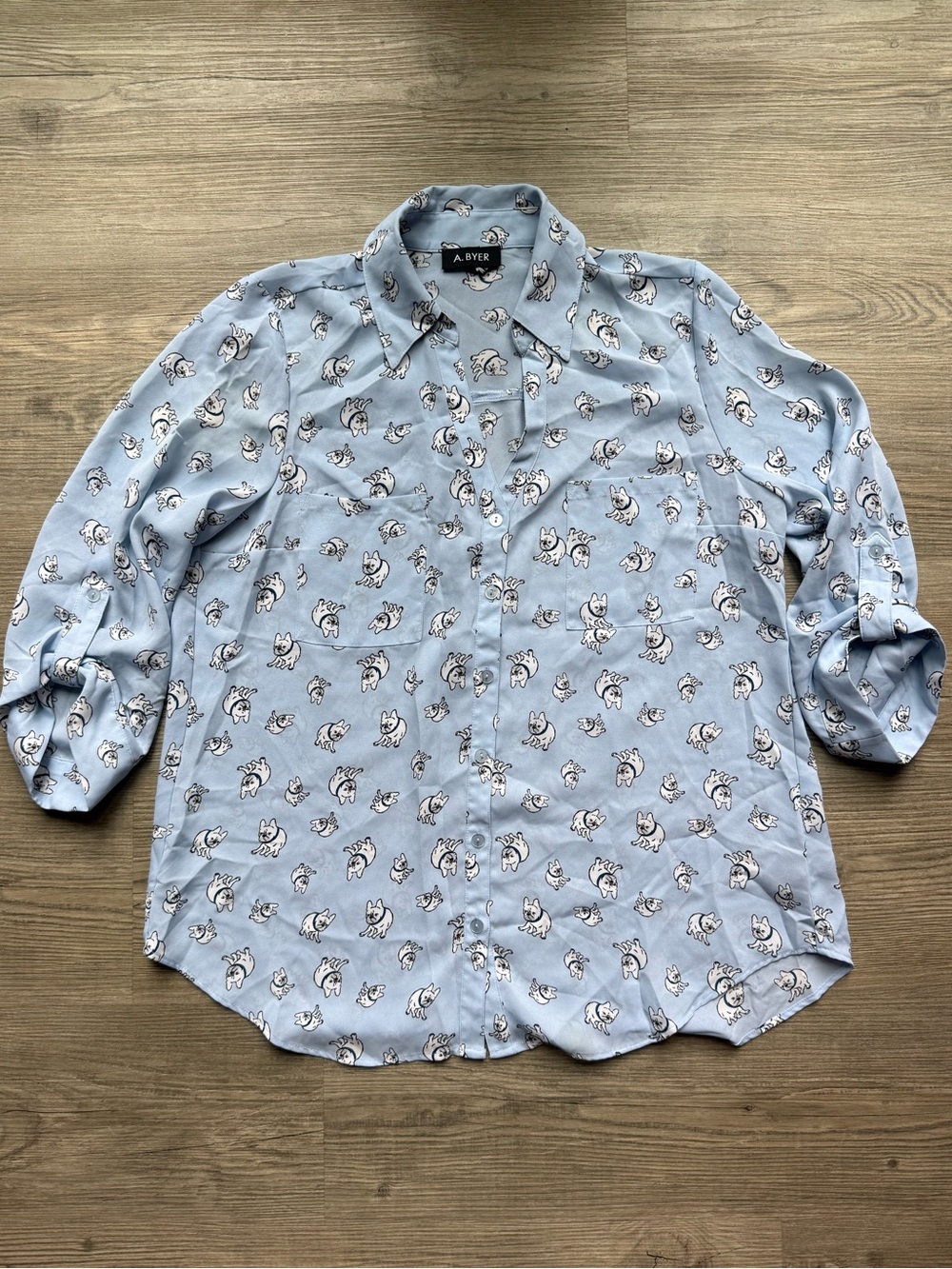 A. Byer French Bulldog Print Button Front Blouse Top Light Blue Size L